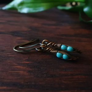 Tiny Pea Pod Earrings - 2 Turquoise Peas in Bronze Pods
