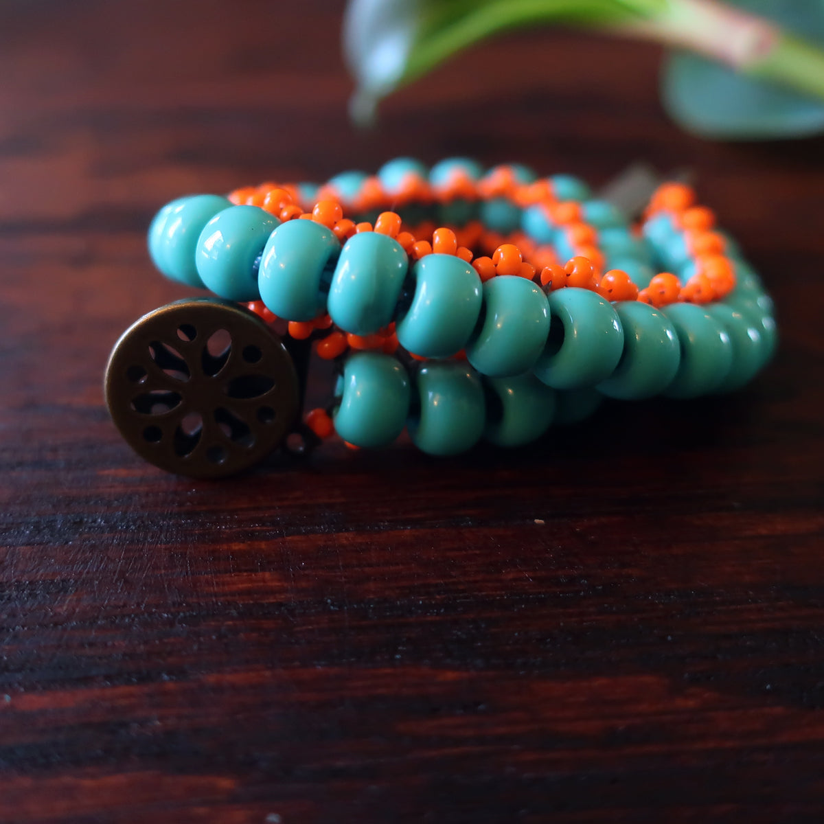 Temple Tree Boho Glass Bead Caterpillar Weave Bracelet - Aqua and Orange