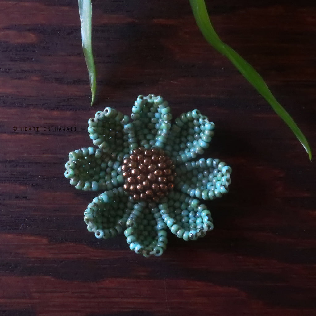 Heart in Hawaii Beaded Cosmos Flower Brooch - Faux Turquoise