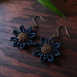 Heart in Hawaii Beaded Cosmos Flower Earrings - Galactic Blue and Bronze