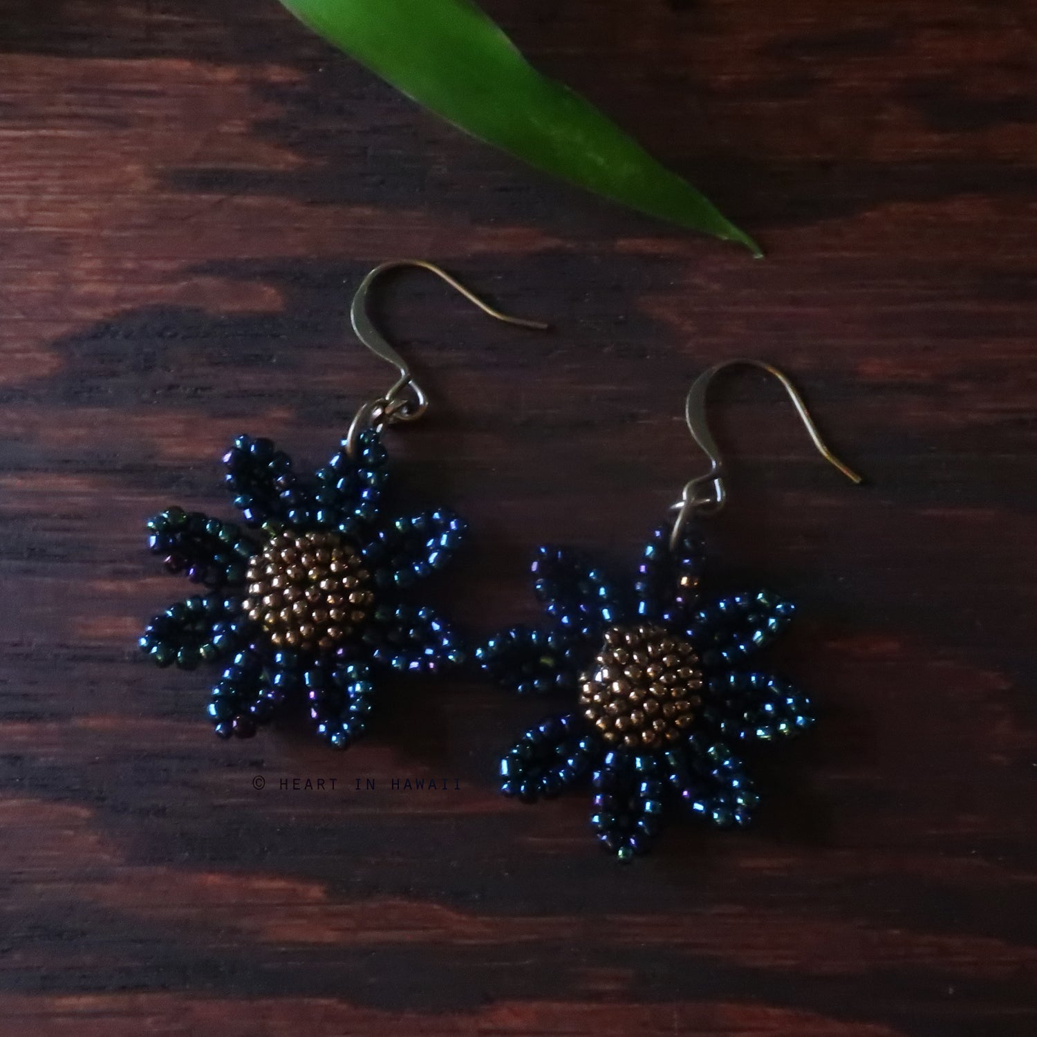 Heart in Hawaii Beaded Cosmos Flower Earrings - Galactic Blue and Bronze