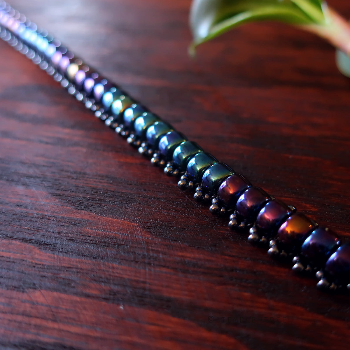 Temple Tree Boho Glass Bead Caterpillar Weave Bracelet - Galactic Blue and Hematite