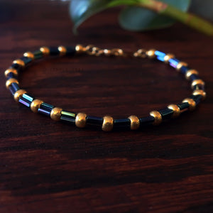 Temple Tree Bamboo Weave Beaded Bracelet - Galactic Blue Bugle with Gold