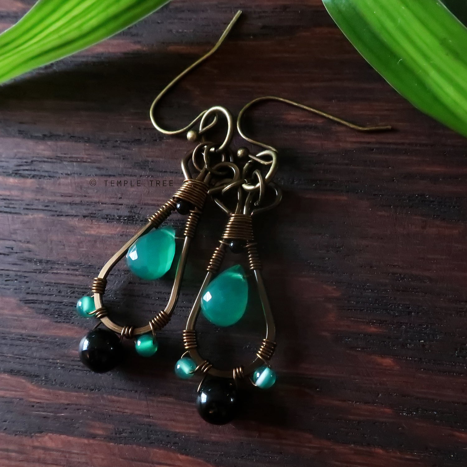 Temple Tree Pendulum Dangle Earrings in Bronze - Green Onyx