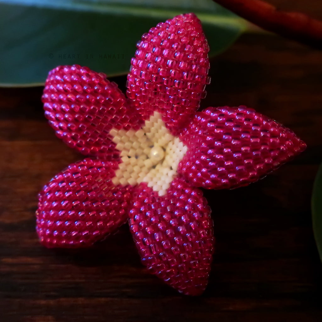 Heart in Hawaii 2 Inch Beaded Plumeria Flower Brooch - Hot pink with Ivory