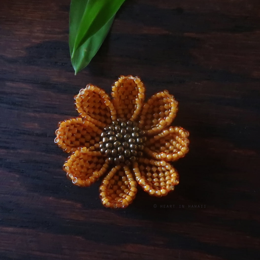 Heart in Hawaii Beaded Cosmos Flower Brooch - Marigold