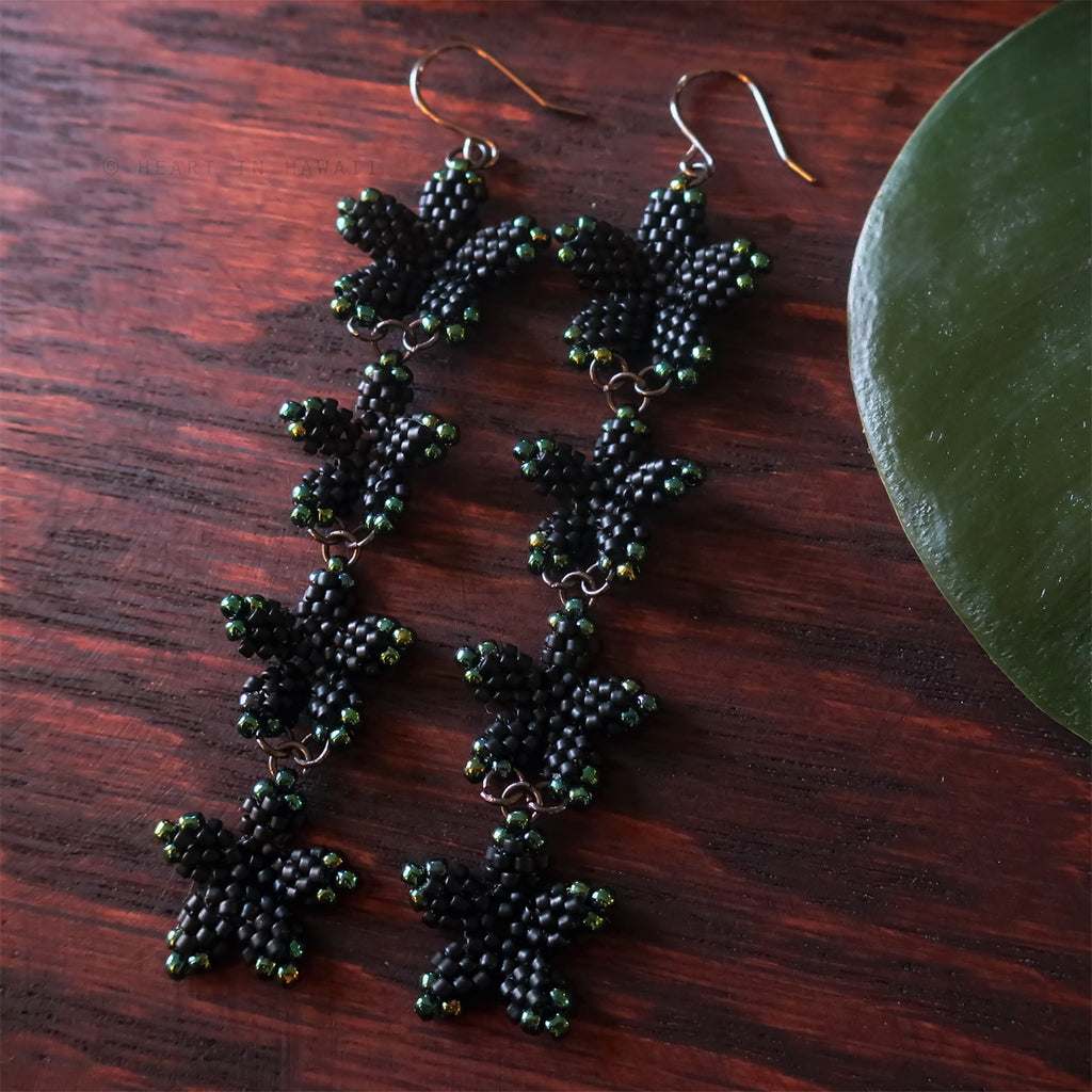 Heart in Hawaii Persphone Collection 4x Plumeria Beaded Long Dangles - Matte Black