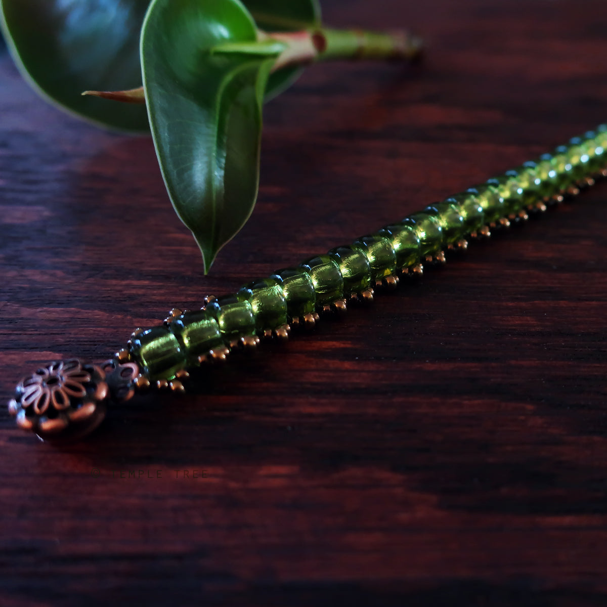 Temple Tree Boho Glass Bead Caterpillar Weave Bracelet - Peridot Green and Bronze