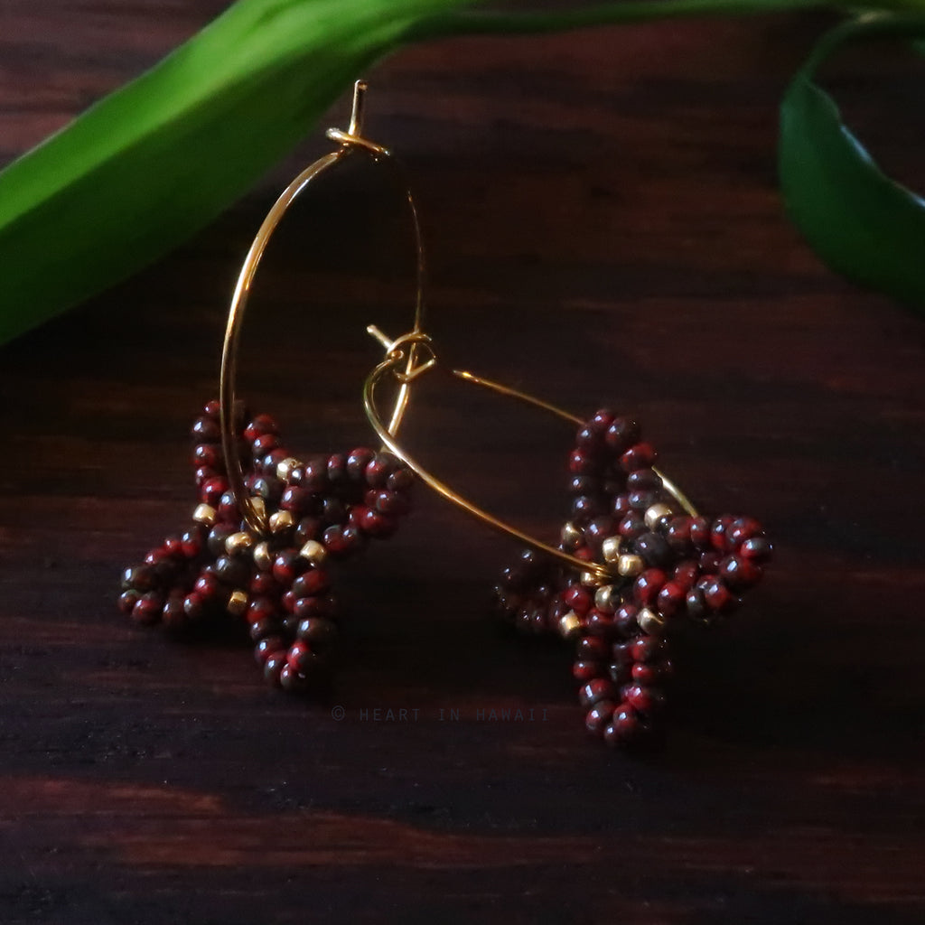 Heart in Hawaii Beaded Quatrefoil Hoops - Picasso Red with Gold