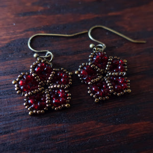 Temple Tree Mandala Flower Dangle Earrings - Dark Red and Bronze