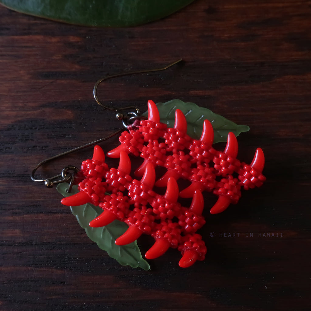 Heart in Hawaii Beaded Heliconia Earrings - Opaque Red