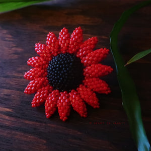 Heart in Hawaii Beaded Sunflower Brooch or Pendant - Red and Matte Black