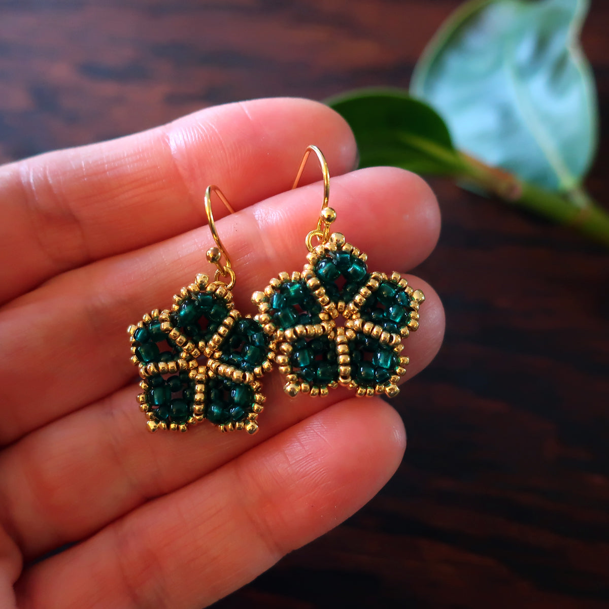 Temple Tree Mandala Flower Beaded Earrings - Teal and Gold