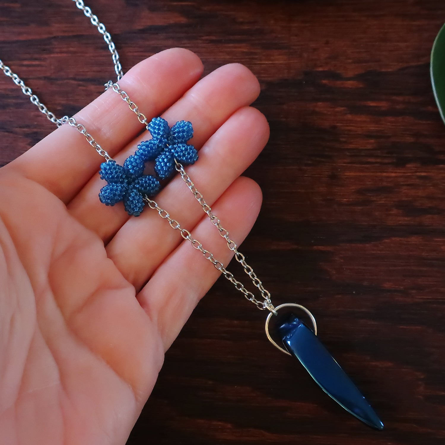 Heart in Hawaii Lei Flower Necklace - 2 Plumeria on 24-inch chain - Ocean Blue