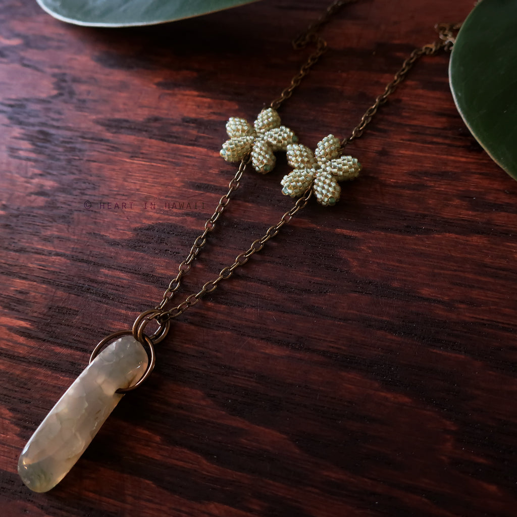 Heart in Hawaii Lei Flower Necklace - 2 Plumeria on 24-inch chain - Moss