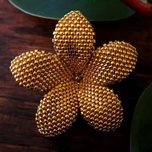 Heart in Hawaii 2 Inch Beaded Plumeria Flower Brooch - 24kt Gold Plated