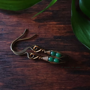 Tiny Pea Pod Earrings - 2 Jade Green Peas in Bronze Pods