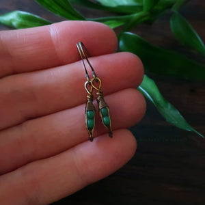Tiny Pea Pod Earrings - 2 Jade Green Peas in Bronze Pods