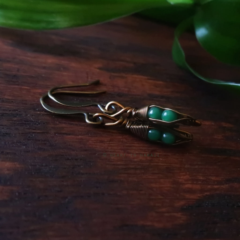 Tiny Pea Pod Earrings - 2 Jade Green Peas in Bronze Pods