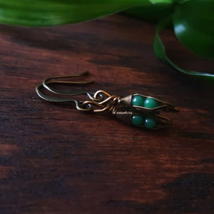 Tiny Pea Pod Earrings - 2 Jade Green Peas in Bronze Pods