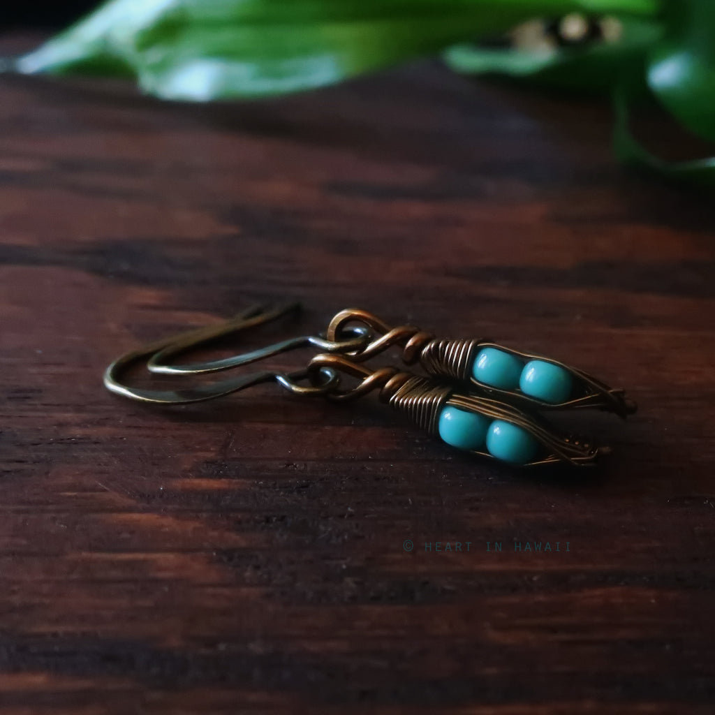 Tiny Pea Pod Earrings - 2 Turquoise Peas in Bronze Pods