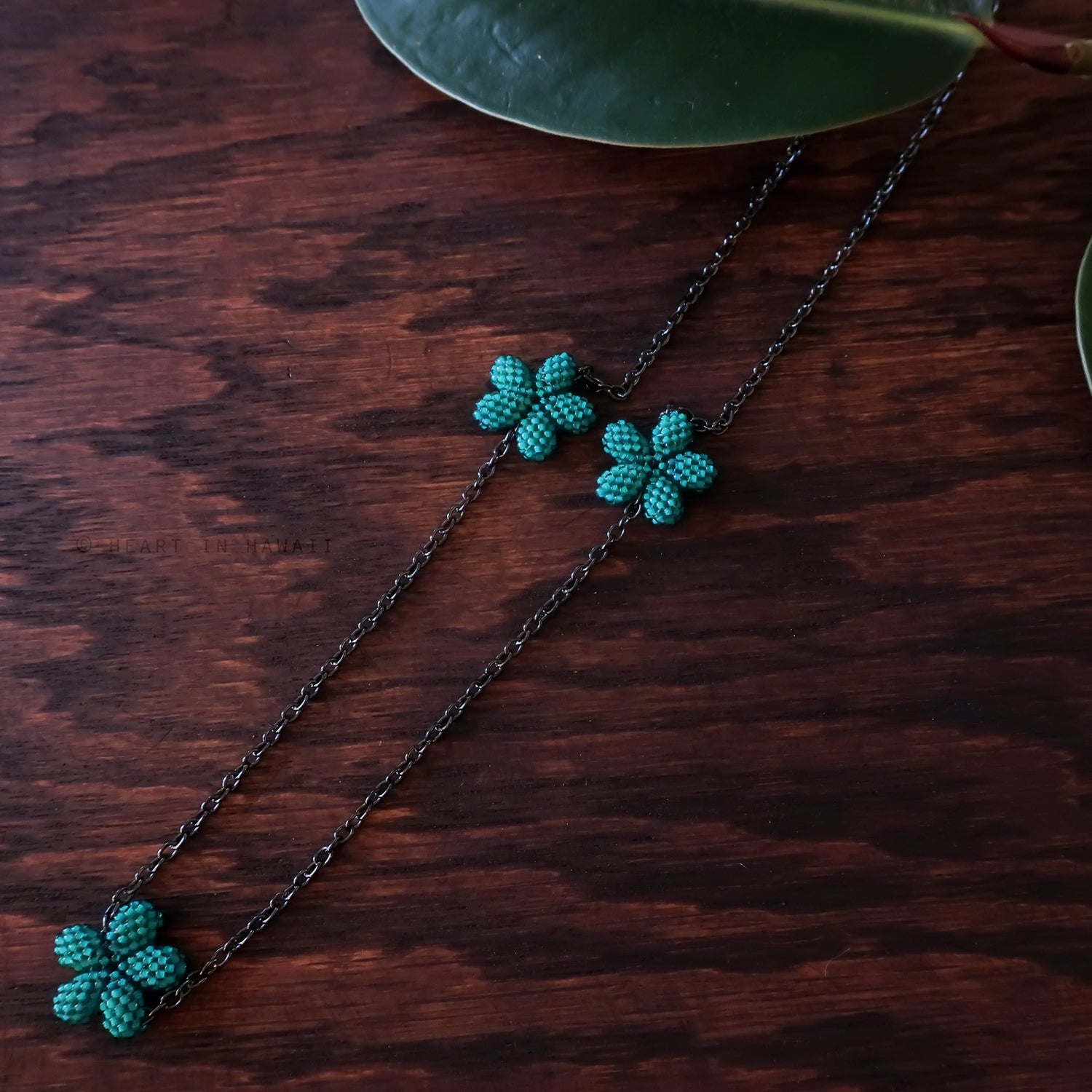 Heart in Hawaii Lei Flower Necklace - 3 Plumeria on 30-inch Dark Grey Chain