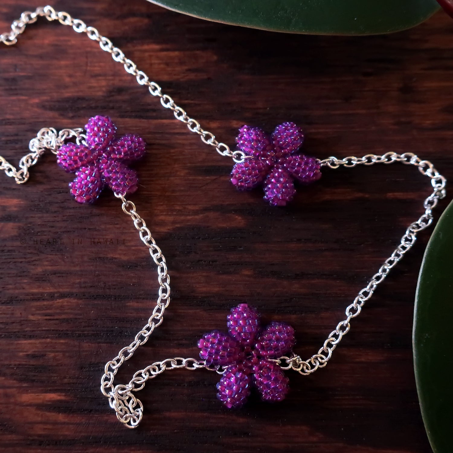 Heart in Hawaii Lei Flower Necklace - 3 Plumeria on 30-inch Silver-tone Chain