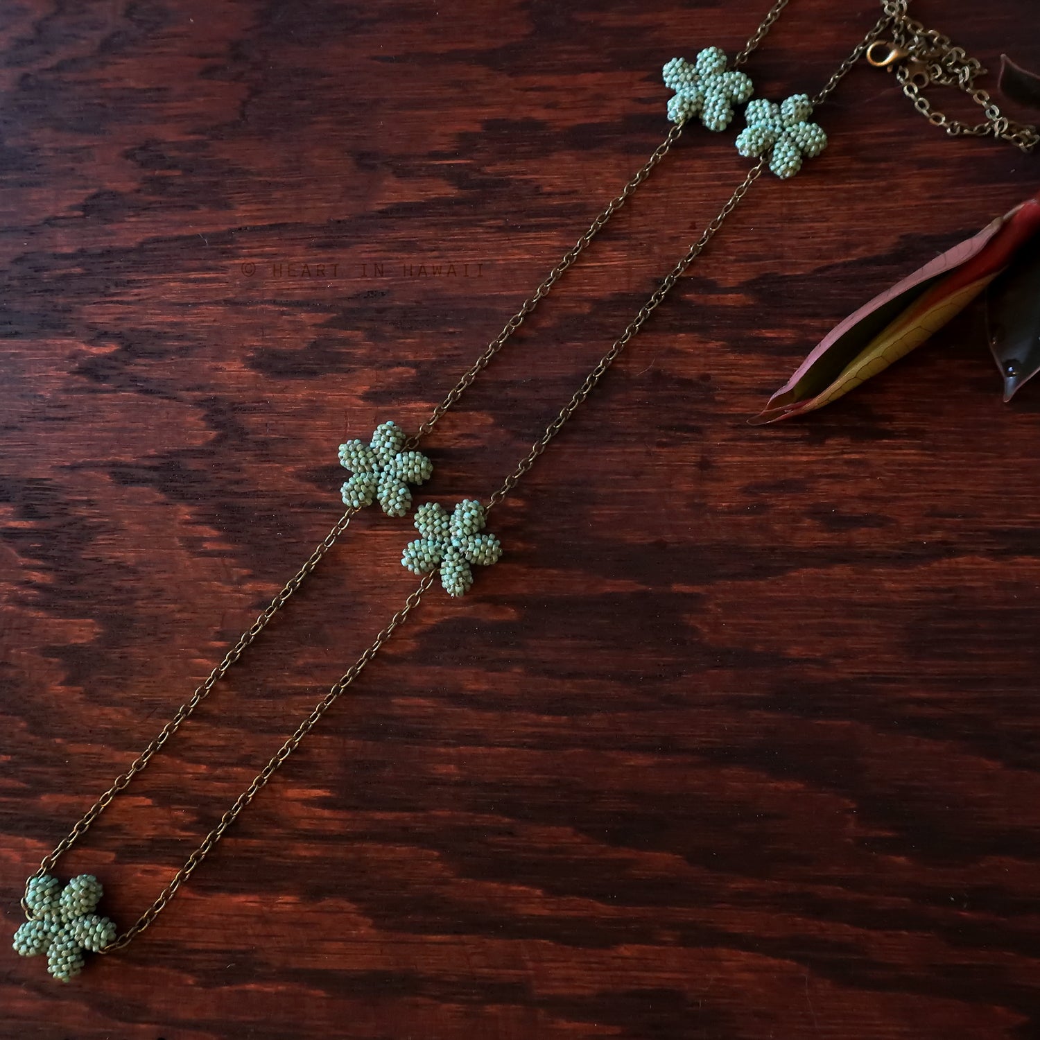 Heart in Hawaii Lei Flower Necklace - 5 Plumeria on 30-inch Bronze Chain