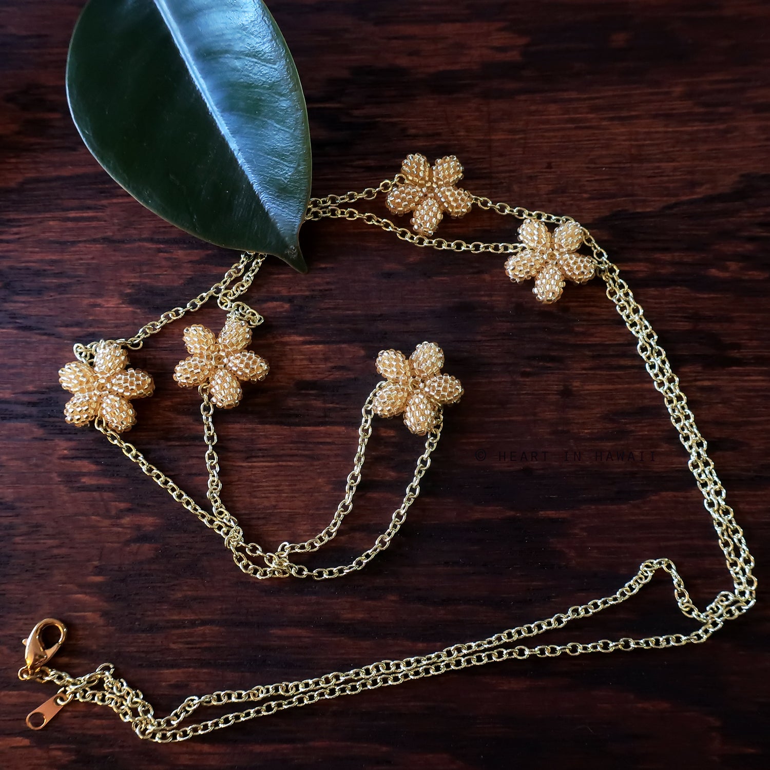 Heart in Hawaii Lei Flower Necklace - 5 Plumeria on 36-inch extra long Chain