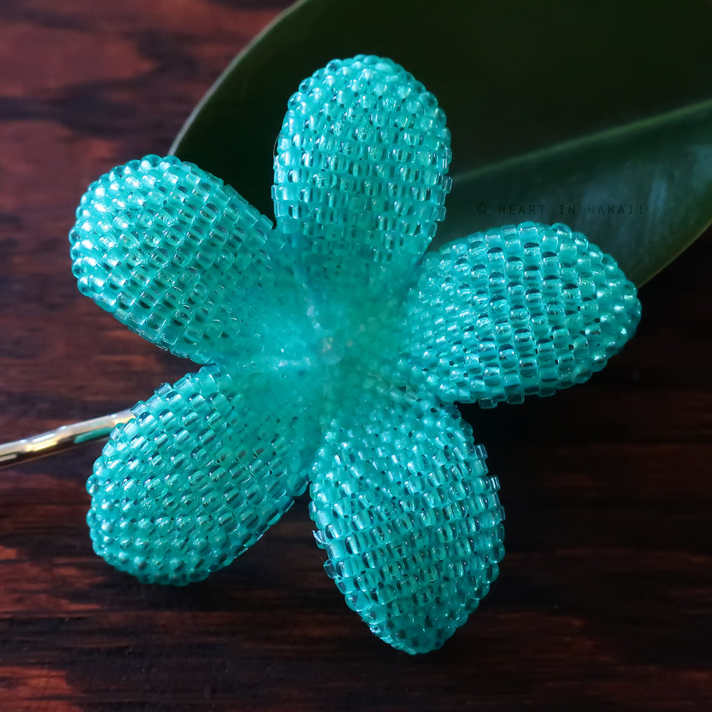 Heart in Hawaii 2.5 Inch Beaded Plumeria Flower - Aqua