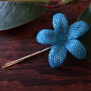 Heart in Hawaii 2.5 Inch Beaded Plumeria Flower - Aqua Aura Blue