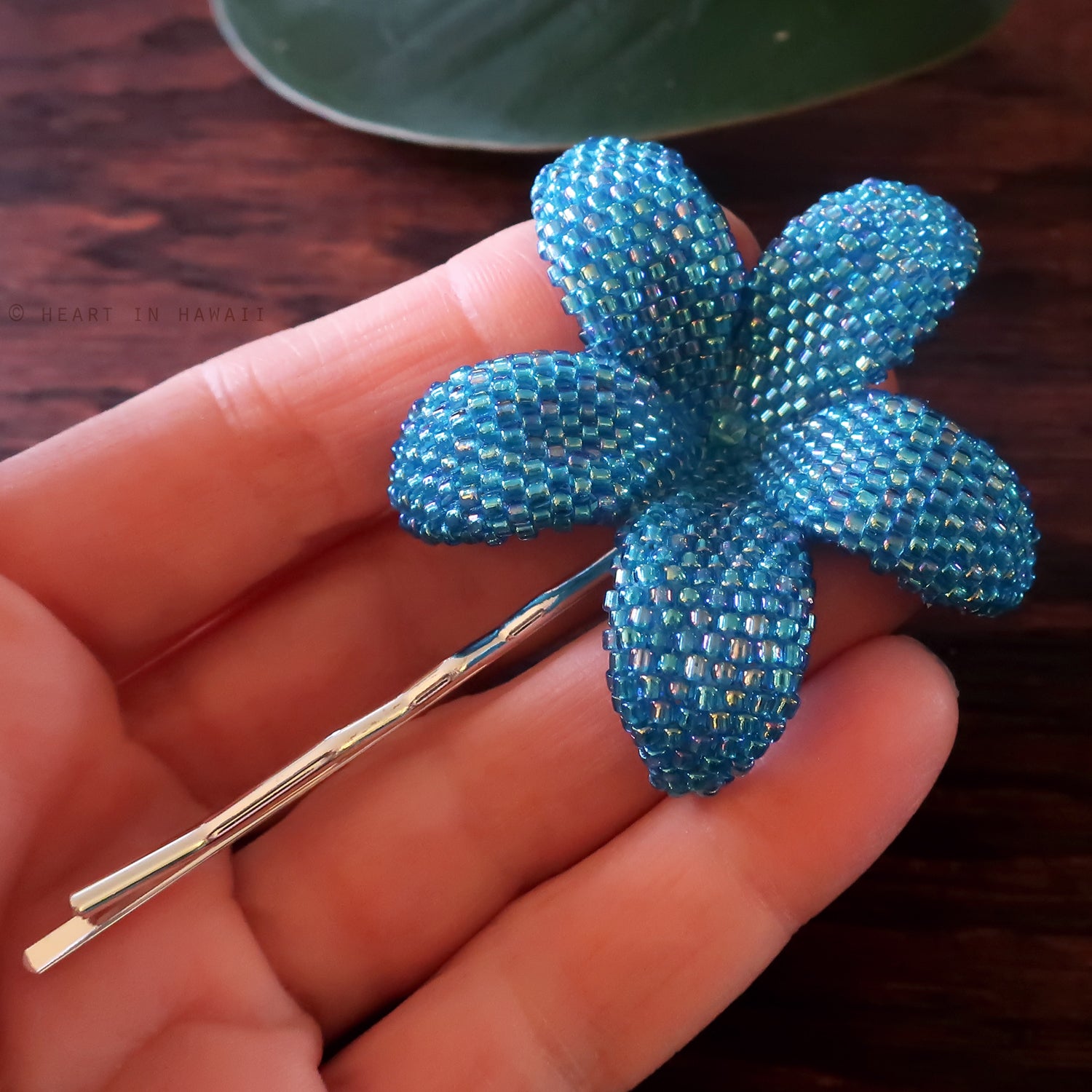 Heart in Hawaii 2.5 Inch Beaded Plumeria Flower - Aqua Aura Blue