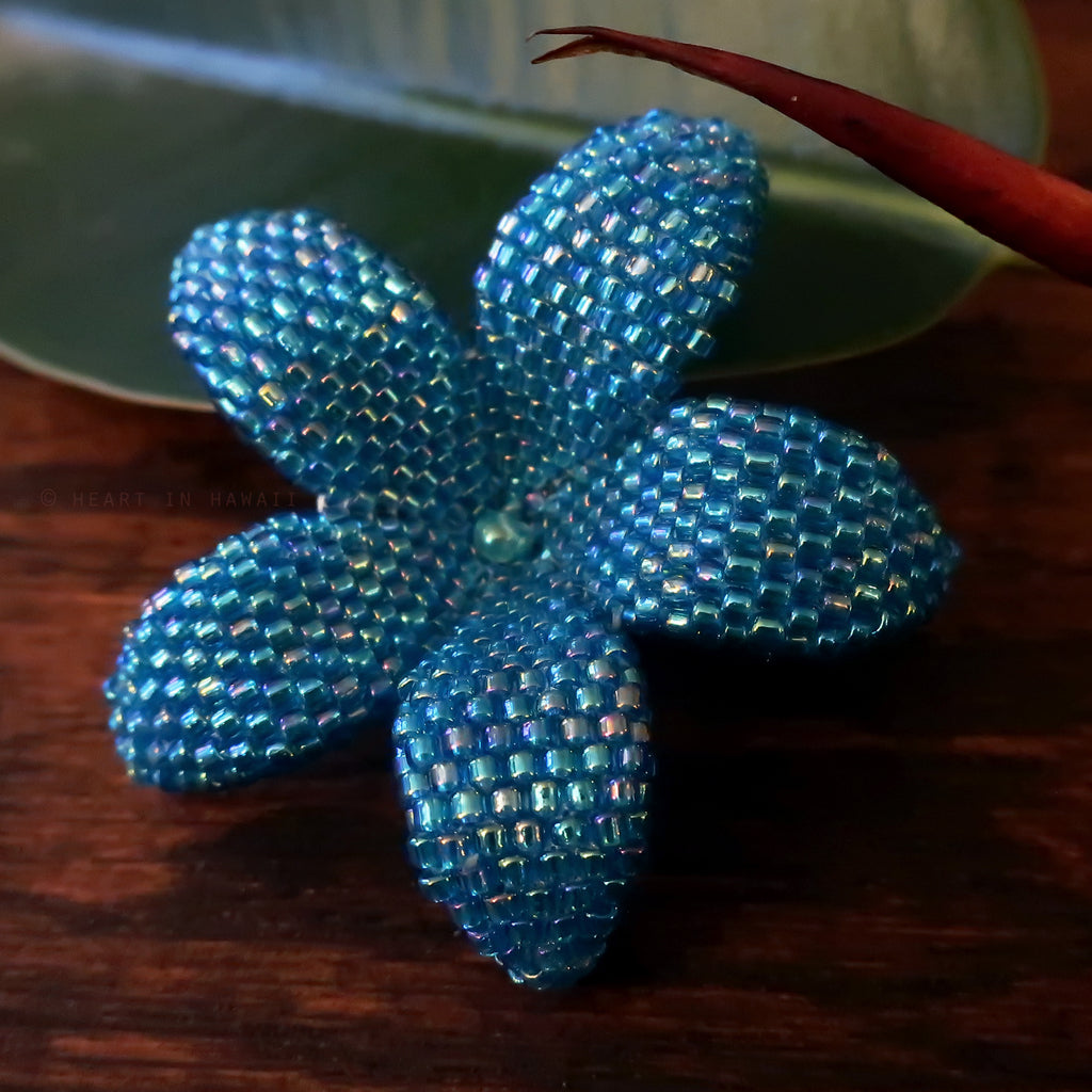 Heart in Hawaii 2 Inch Beaded Plumeria Flower Brooch - Aqua Aura Blue