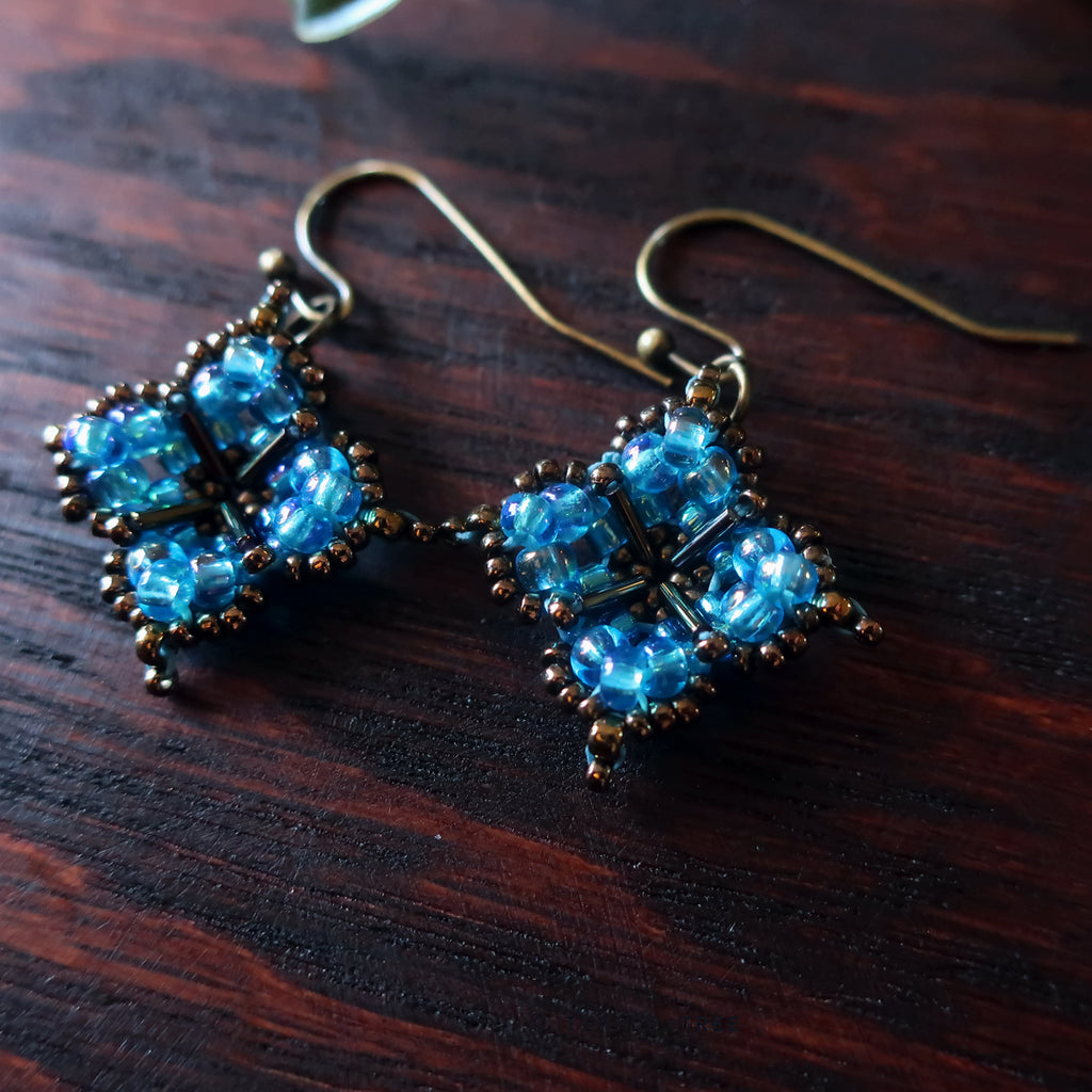 Temple Tree Quatrefoil Mandala Beaded Earrings - Aqua Aura and Bronze