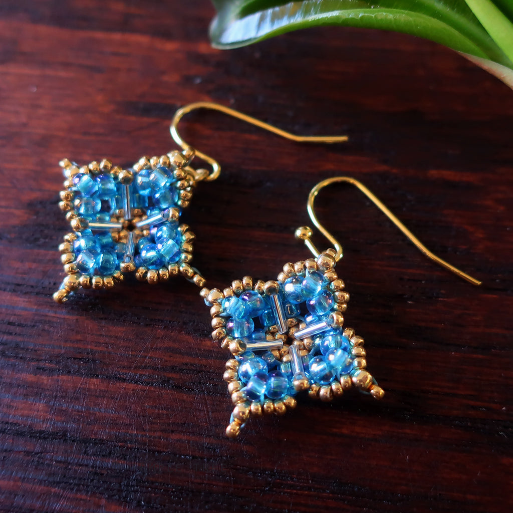 Temple Tree Quatrefoil Mandala Beaded Earrings - Aqua Aura and Gold