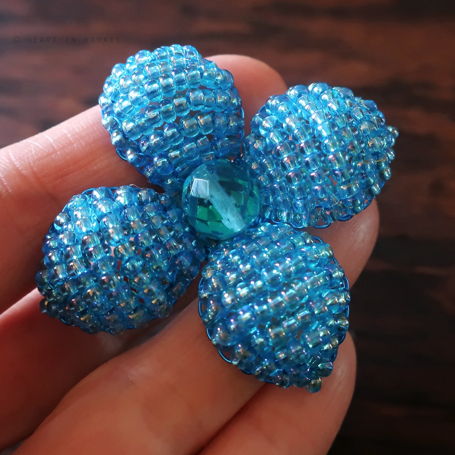 Heart in Hawaii Makalapua Quatrefoil Beaded Flower Pin - Aqua Blue