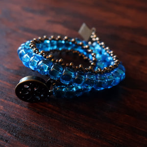 Temple Tree Boho Glass Bead Caterpillar Weave Bracelet - Aqua and Bronze