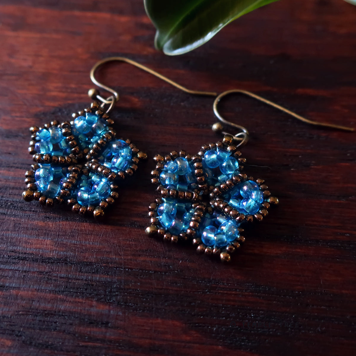 Temple Tree Mandala Flower Beaded Earrings - Aqua Aura and Bronze