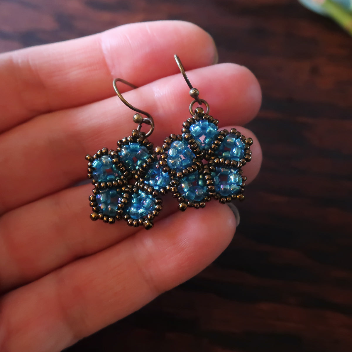 Temple Tree Mandala Flower Beaded Earrings - Aqua Aura and Bronze