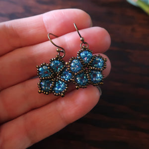 Temple Tree Mandala Flower Beaded Earrings - Aqua Aura and Bronze