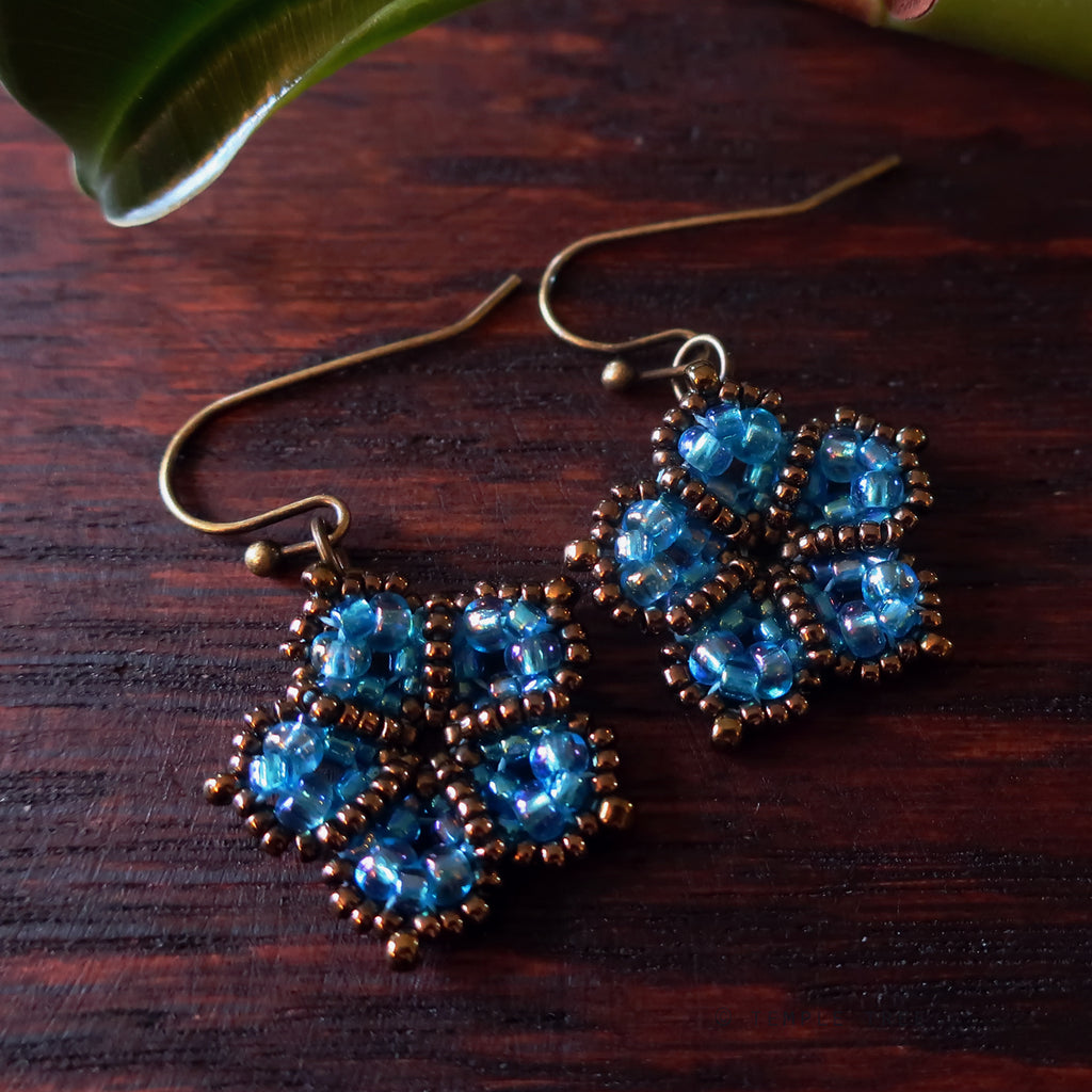 Temple Tree Mandala Flower Beaded Earrings - Aqua Aura and Bronze