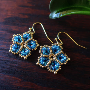 Temple Tree Mandala Flower Beaded Earrings - Aqua Aura and Gold