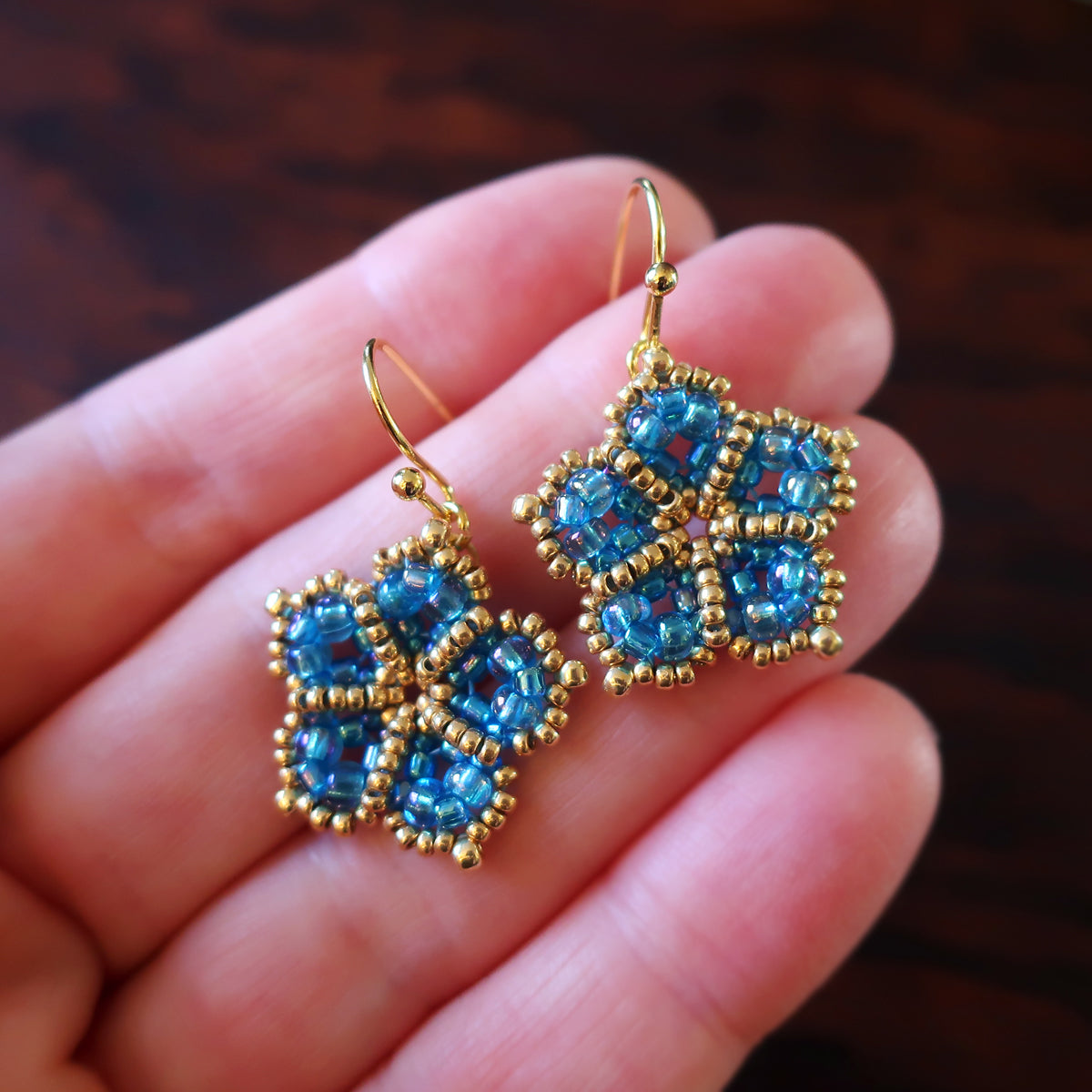 Temple Tree Mandala Flower Beaded Earrings - Aqua Aura and Gold