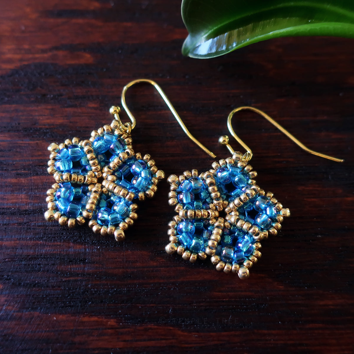 Temple Tree Mandala Flower Beaded Earrings - Aqua Aura and Gold