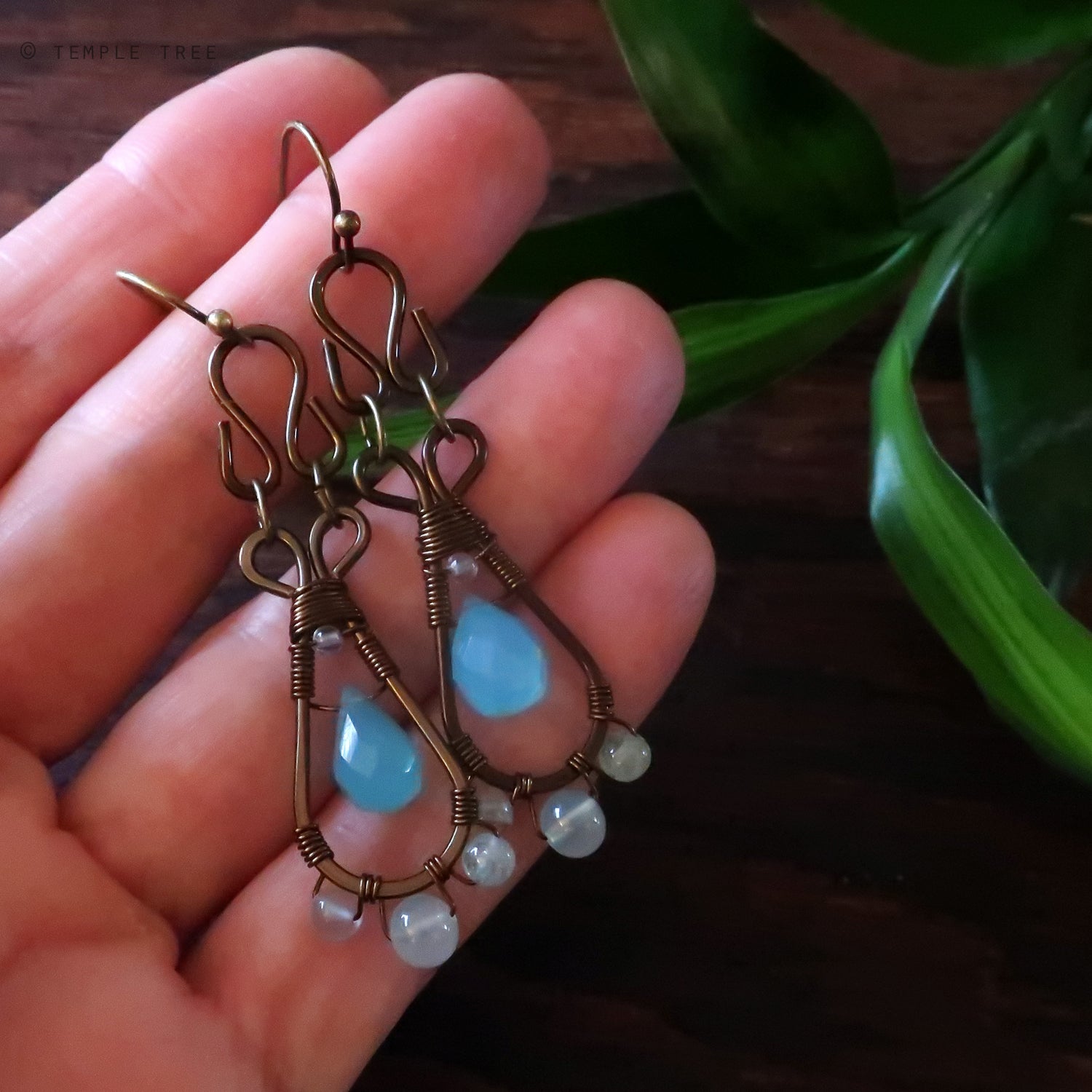 Temple Tree Pendulum Dangle Earrings in Bronze - Blue Chalcedony