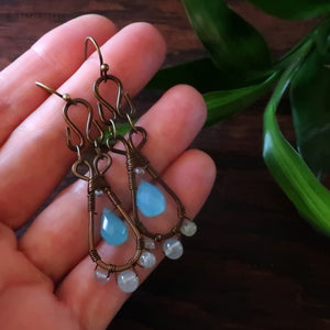 Temple Tree Pendulum Dangle Earrings in Bronze - Blue Chalcedony