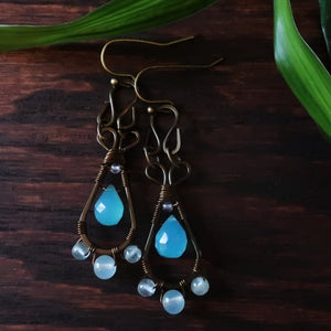 Temple Tree Pendulum Dangle Earrings in Bronze - Blue Chalcedony