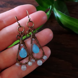 Temple Tree Pendulum Dangle Earrings in Bronze - Blue Chalcedony