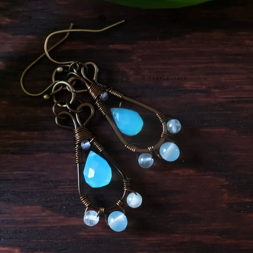 Temple Tree Pendulum Dangle Earrings in Bronze - Blue Chalcedony