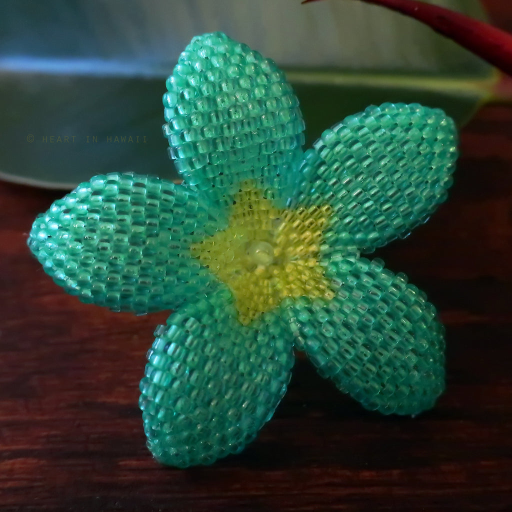 Heart in Hawaii 2 Inch Beaded Plumeria Flower Brooch - Aqua and Lime